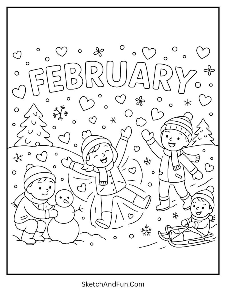 February coloring pages US letter with snowy playground and hearts