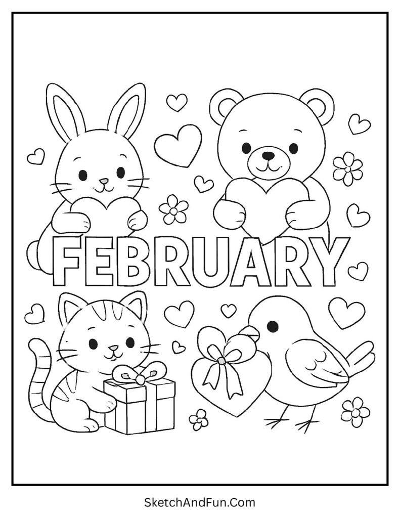 Kids February coloring sheets with animals holding Valentine gifts