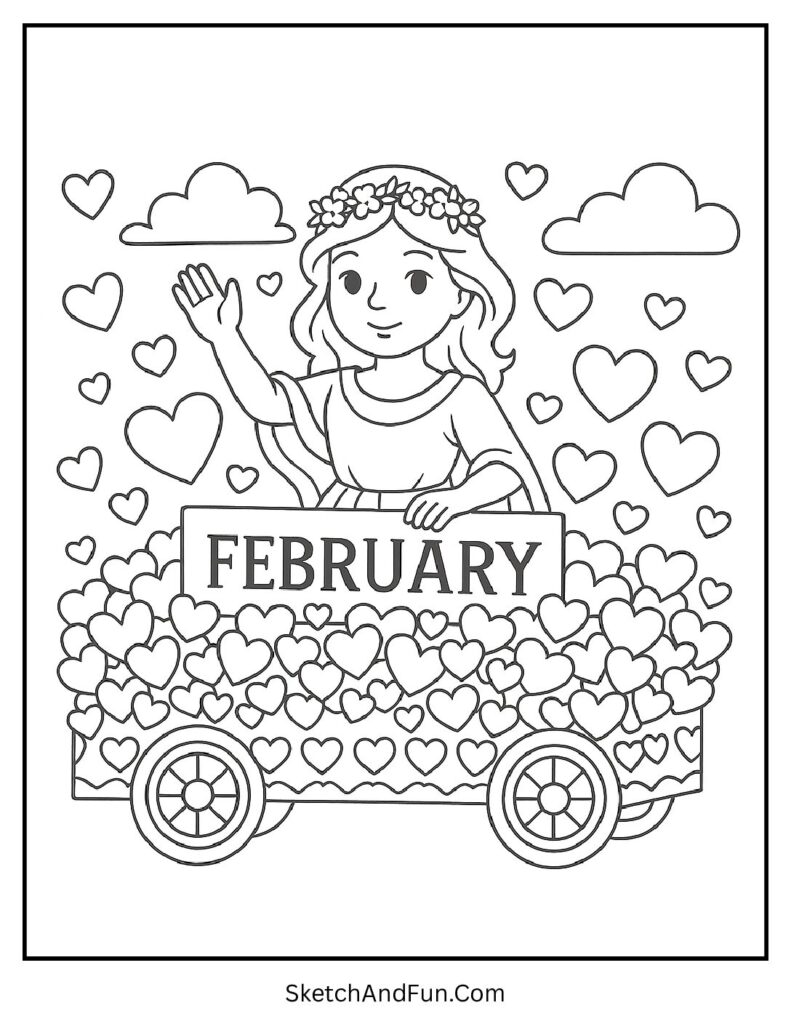 February coloring pages free with Valentine parade float