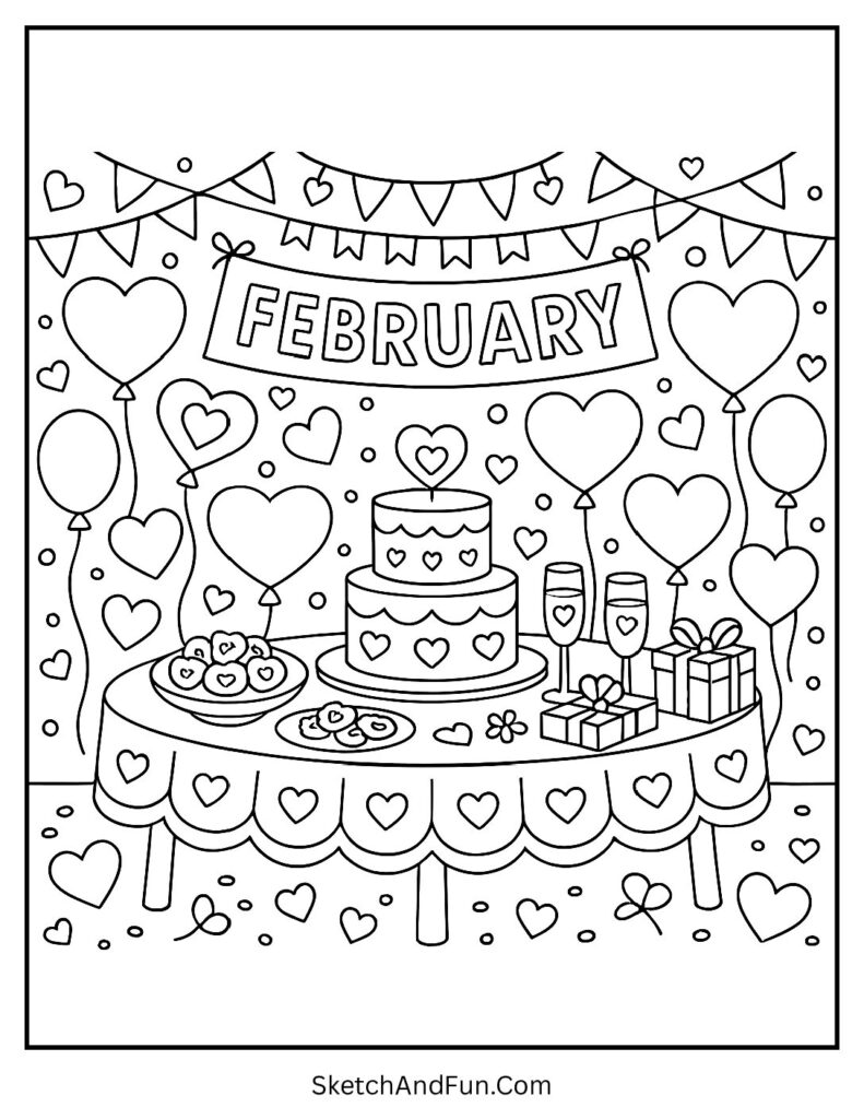 February coloring pages instant download with Valentine party scene