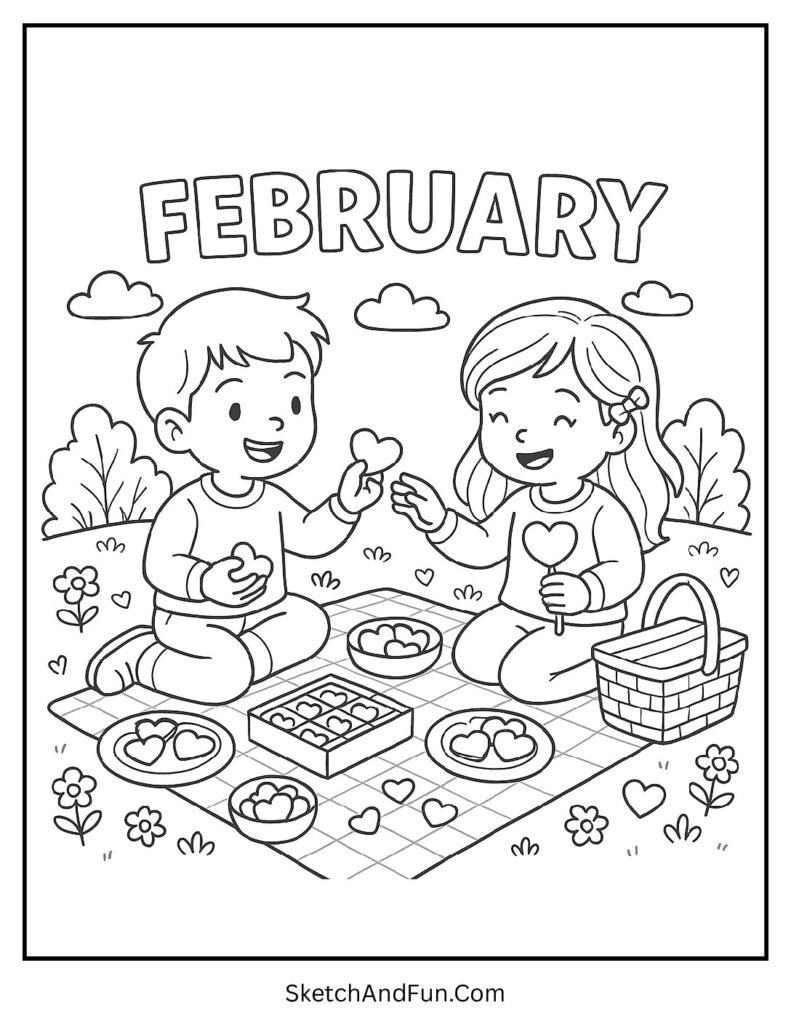 February coloring page printable with Valentine picnic scene