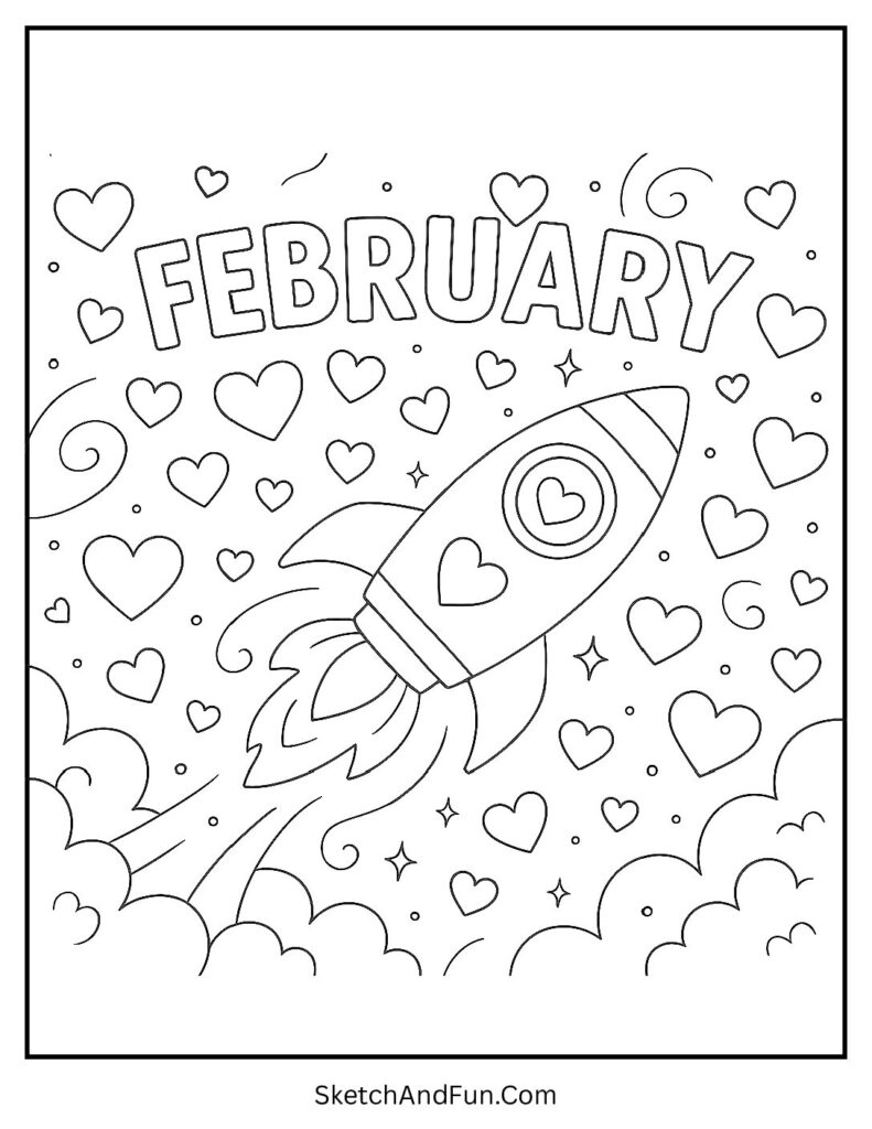 February coloring pages A4 with Valentine rocket in heart space