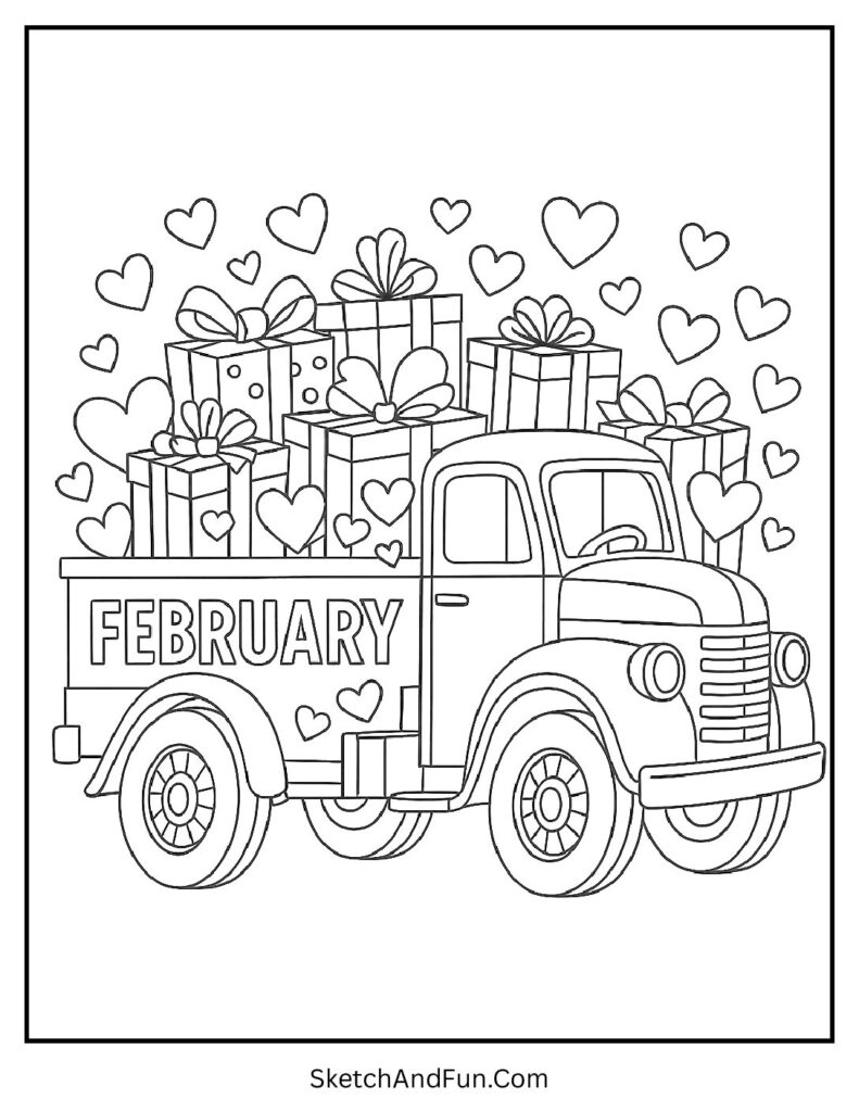 February printable coloring pages with Valentine delivery truck