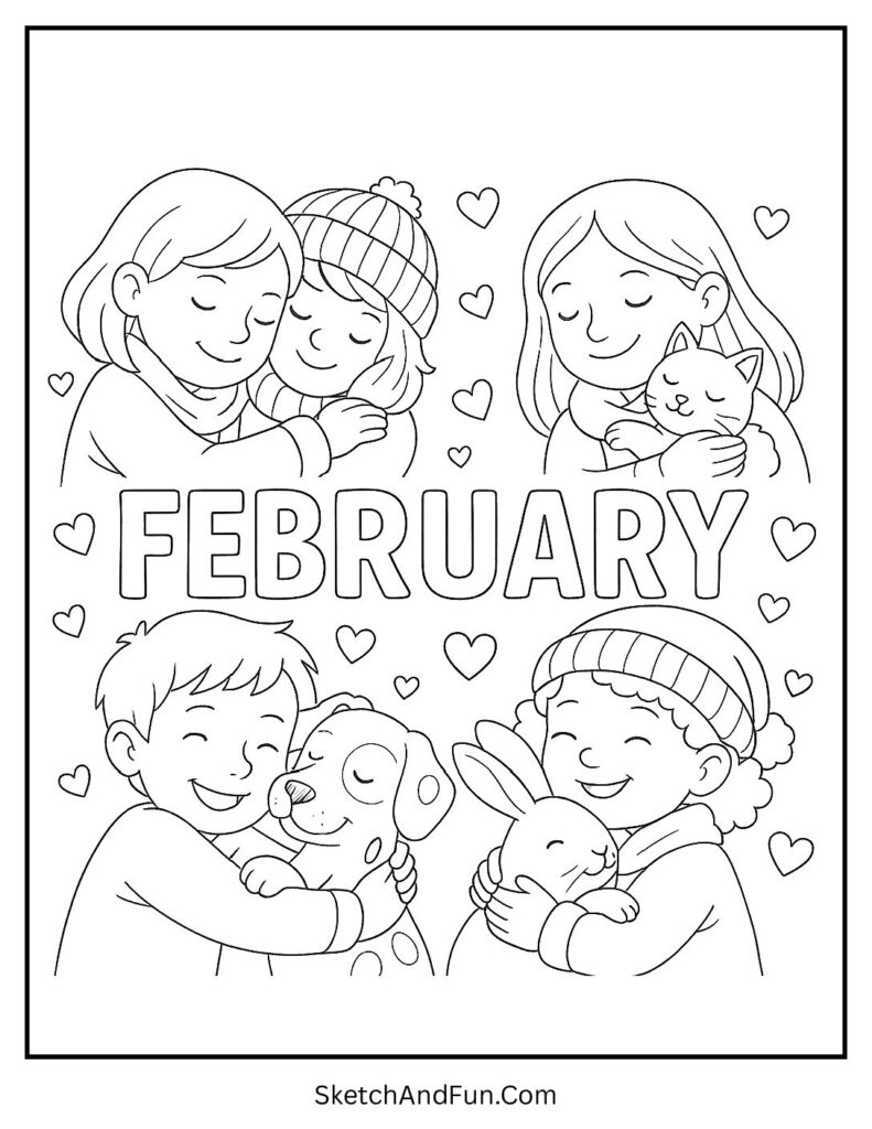 February coloring page for kids with warm hugs and happy characters