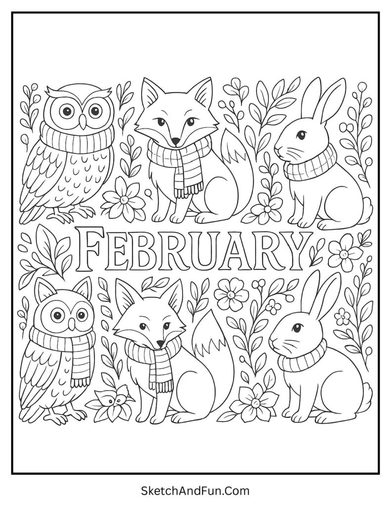 February coloring sheets line art with winter animals in scarves