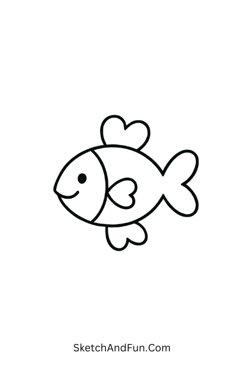 Fish with heart fins swimming, doodle couple characters