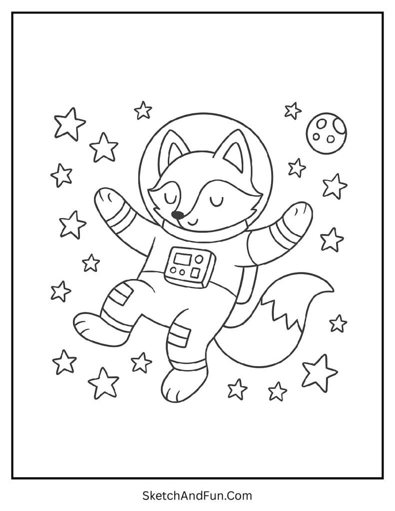 Realistic fox coloring page pdf with fox astronaut