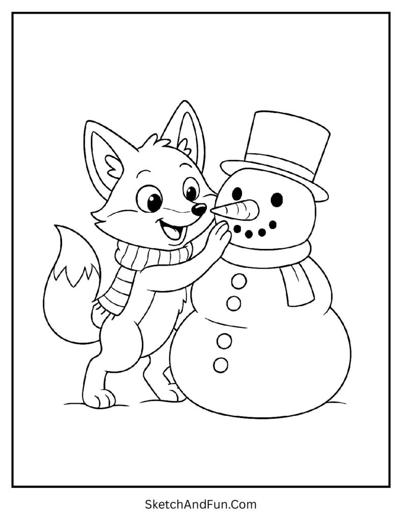 Coloring page fox in snow building a snowman