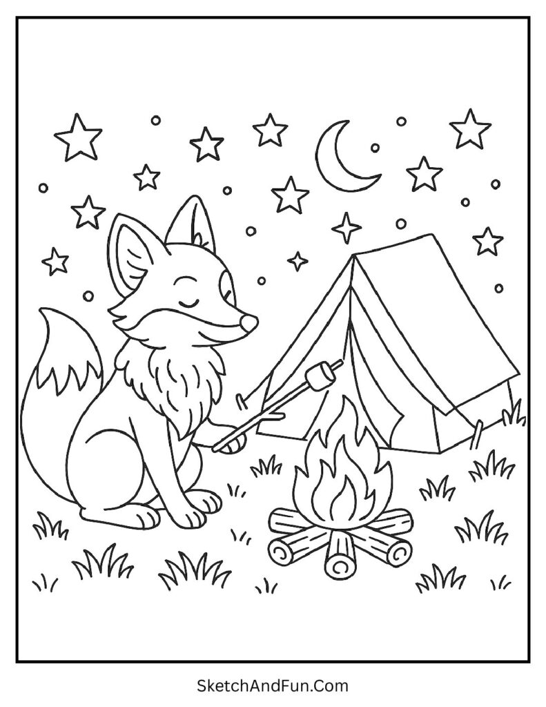 Fox coloring page with forest background featuring camping fox