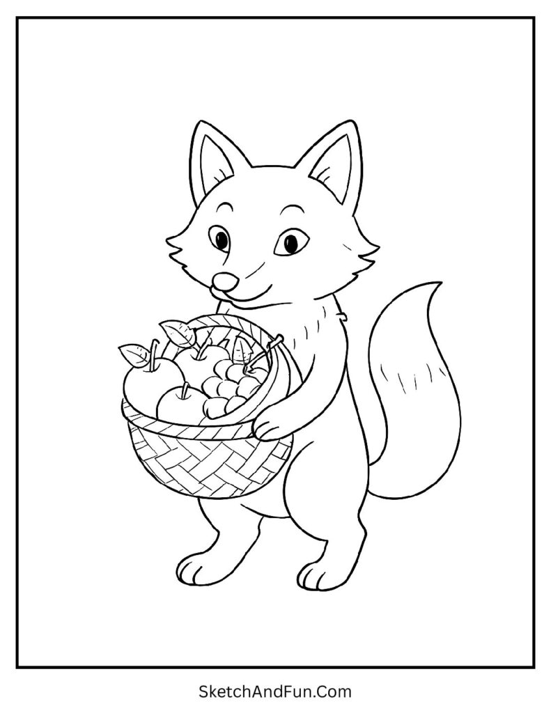 Fox in nature coloring page free with fox carrying fruit basket