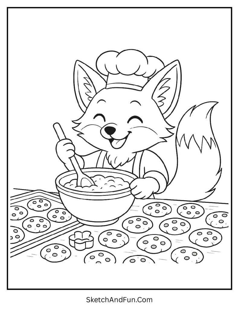 Cute fox coloring sheet with fox chef baking cookies