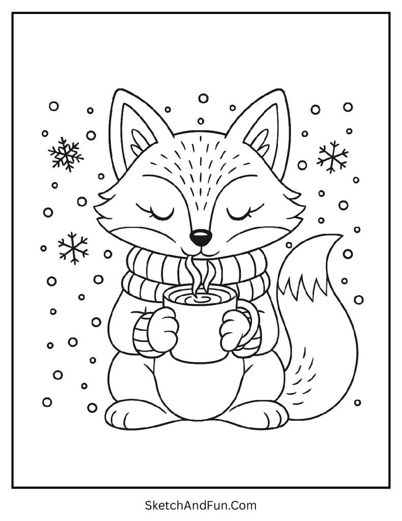 Detailed fox coloring pages for teens showing fox drinking cocoa