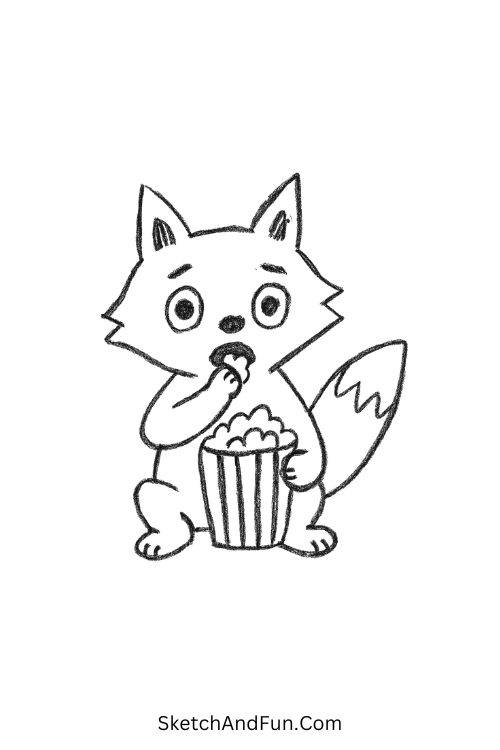 Fox eating popcorn for funny drawings for beginners