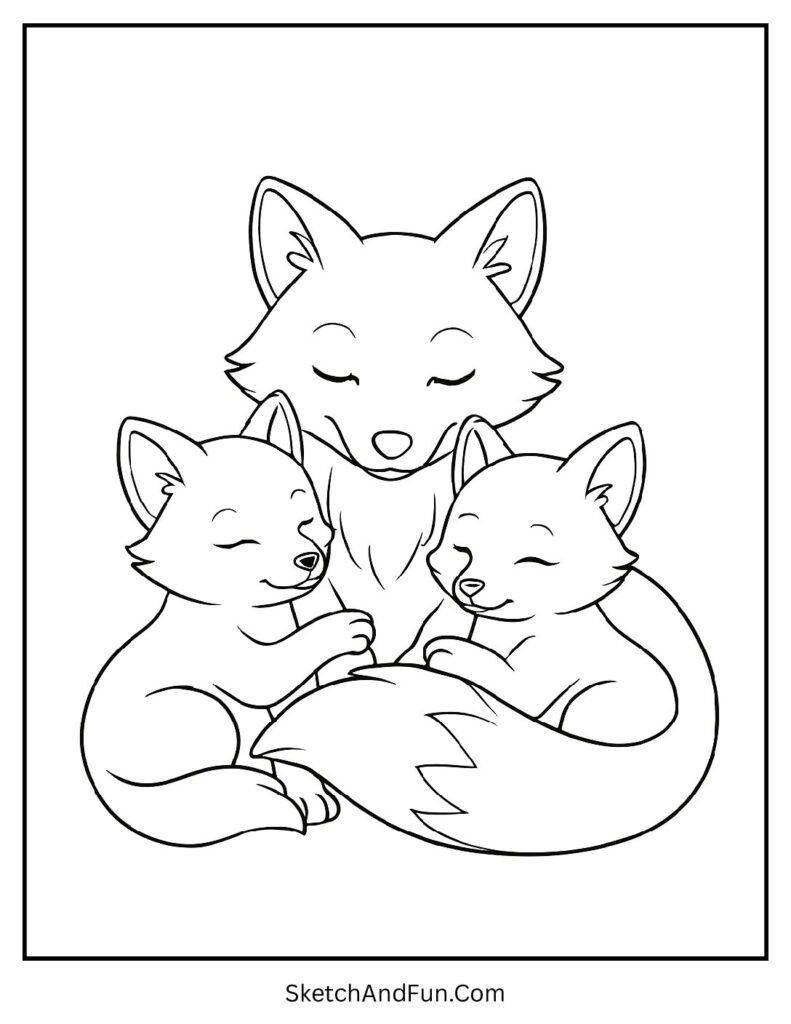 Fox family coloring page printable with hugging foxes