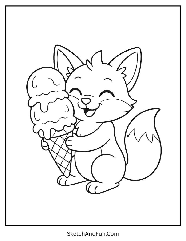 Fox coloring pages simple design with fox holding ice cream