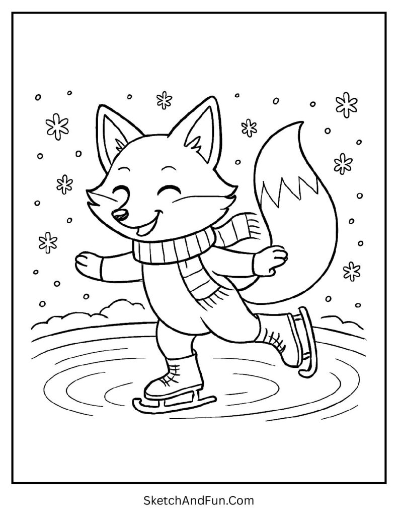 Arctic fox coloring sheet free with fox ice skating