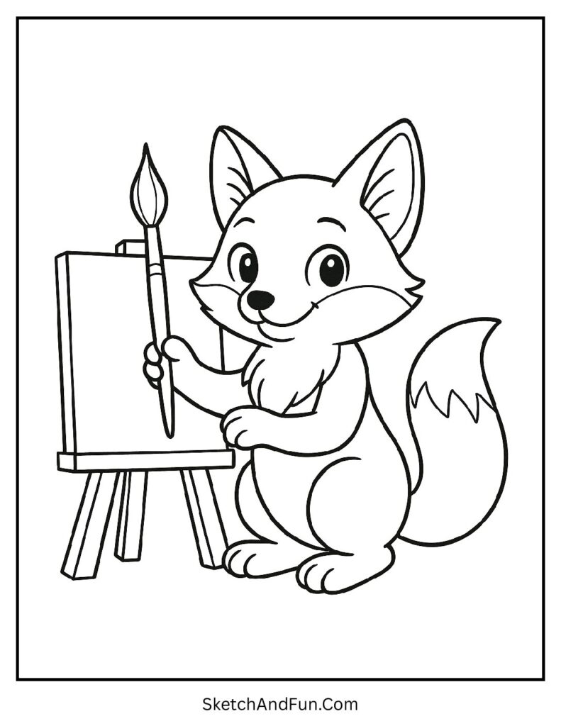 Fox outline coloring page blank background with painter fox