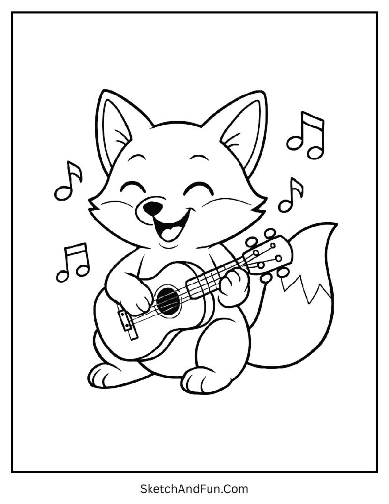 Fox sitting coloring sheet with fox playing guitar