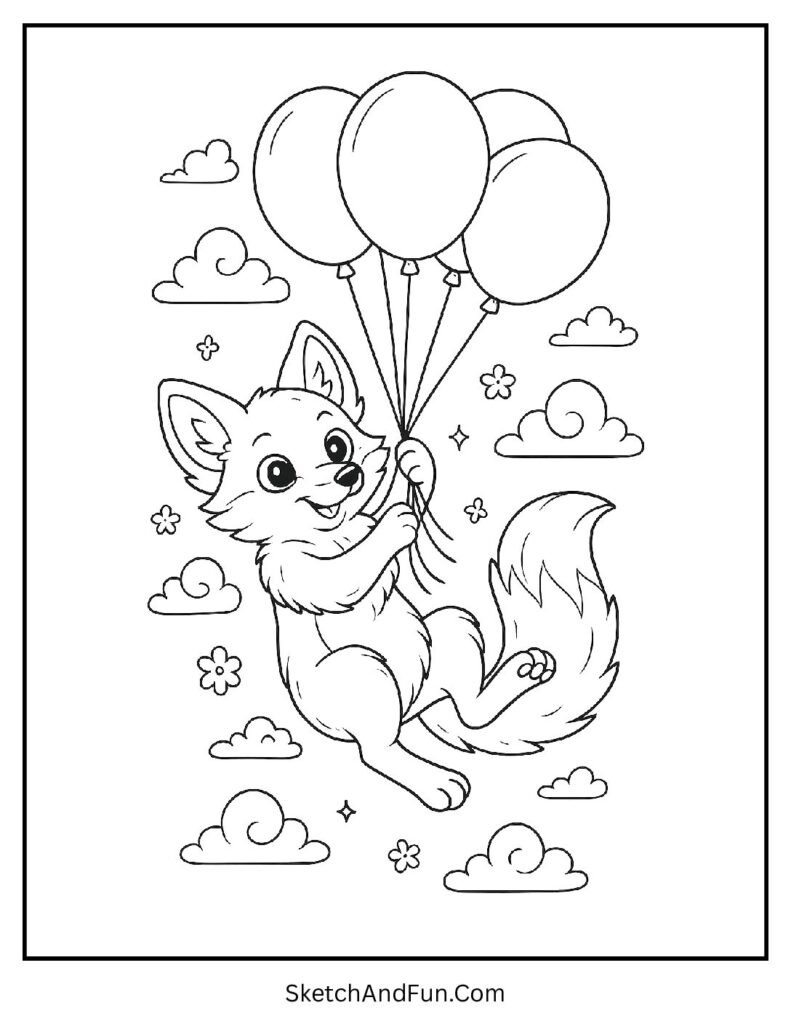 Fox face coloring page close up with fox holding balloons