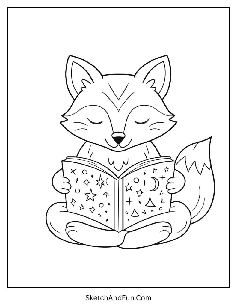Cartoon fox coloring sheet of fox reading a storybook