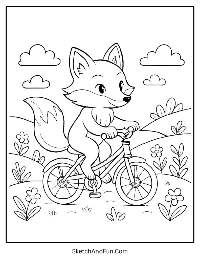 Easy fox coloring pages for kids with fox riding a bicycle
