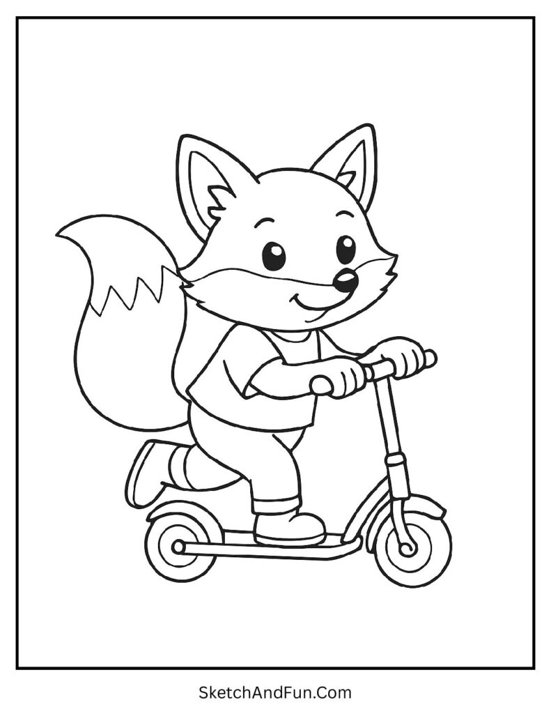Easy printable fox coloring pages with fox riding scooter