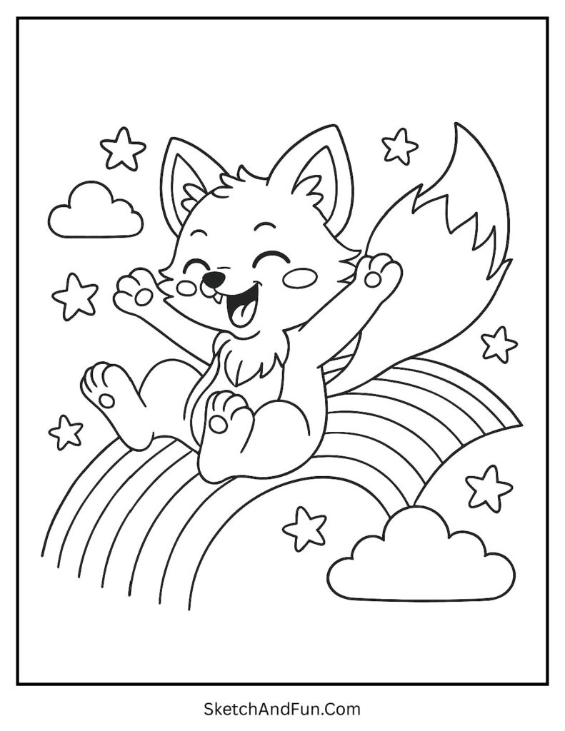 Kawaii fox coloring page for kids featuring fox on rainbow