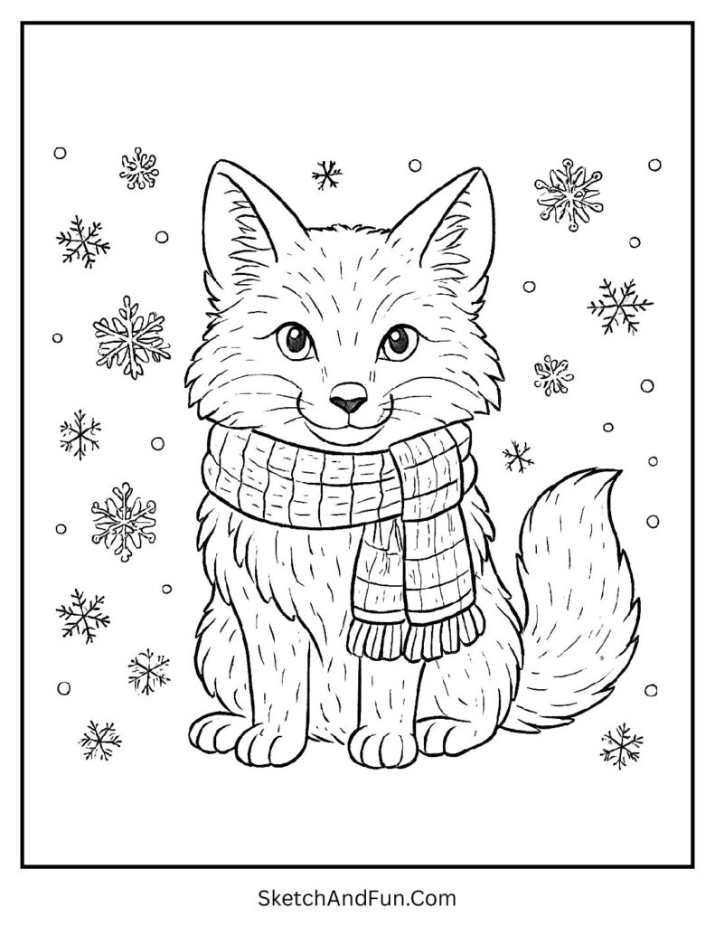 Winter fox coloring page with fox wearing a scarf