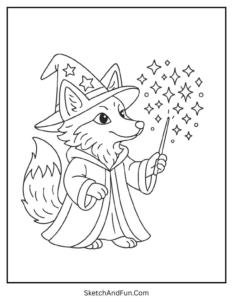 Fox mandala coloring page with magical fox wizard