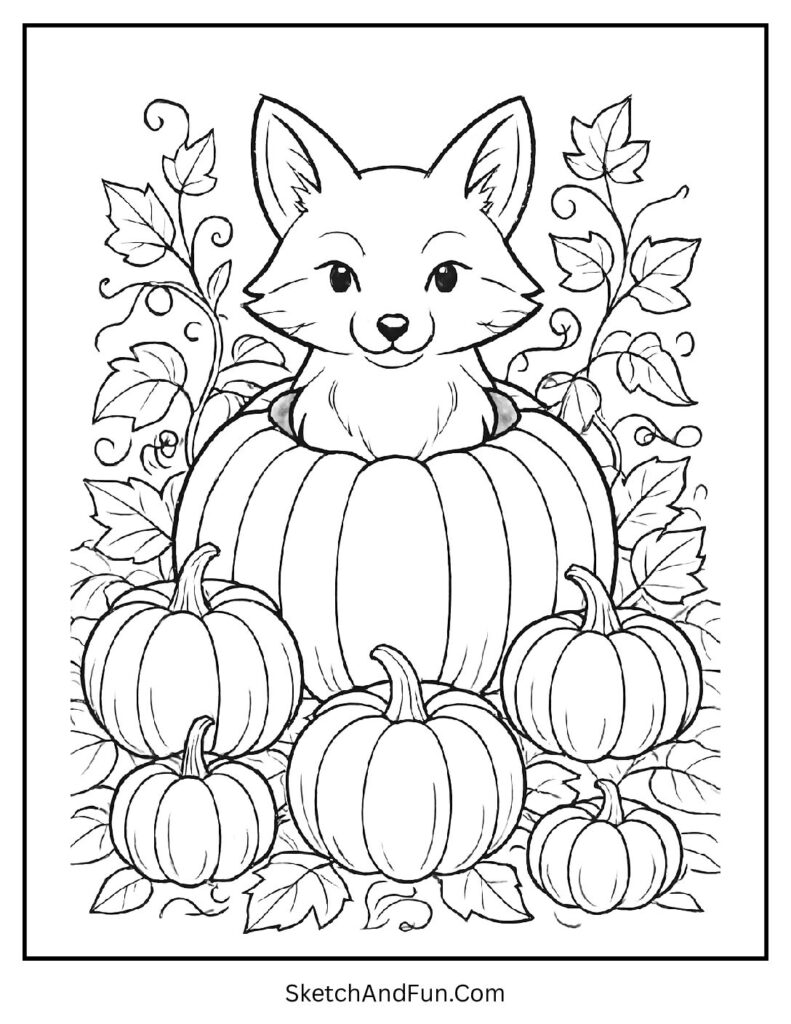 Fox coloring pages holiday theme with fox in pumpkin patch