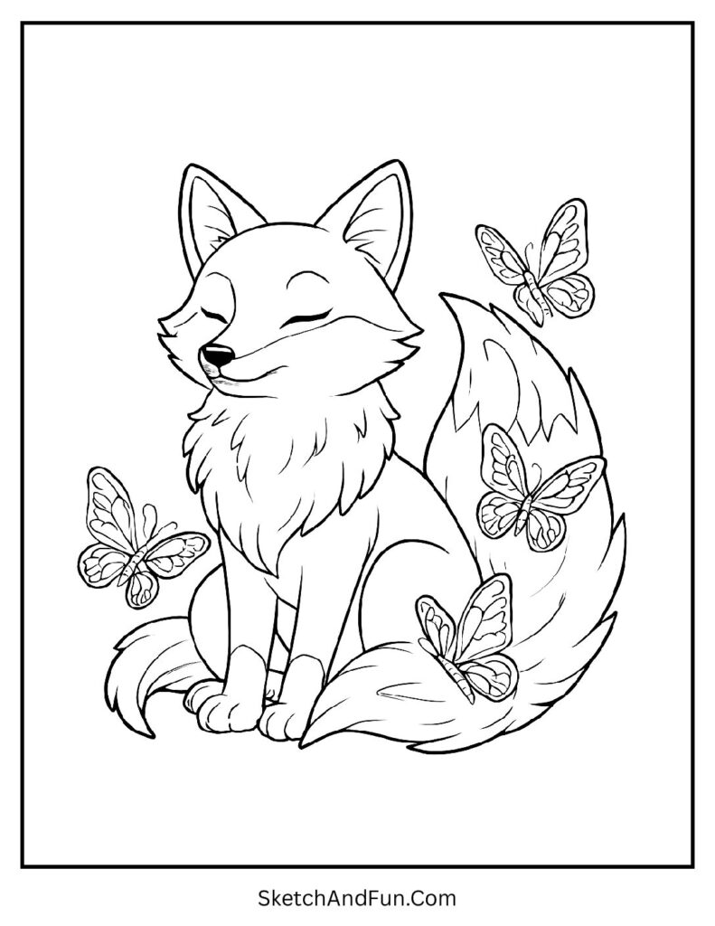 Fox in nature coloring page free with fox and butterflies