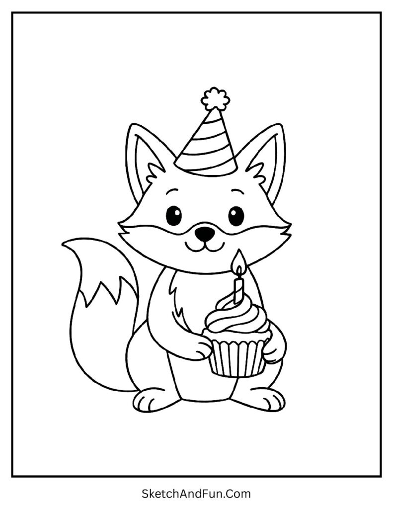 Fox cub coloring sheet printable birthday fox with cupcake