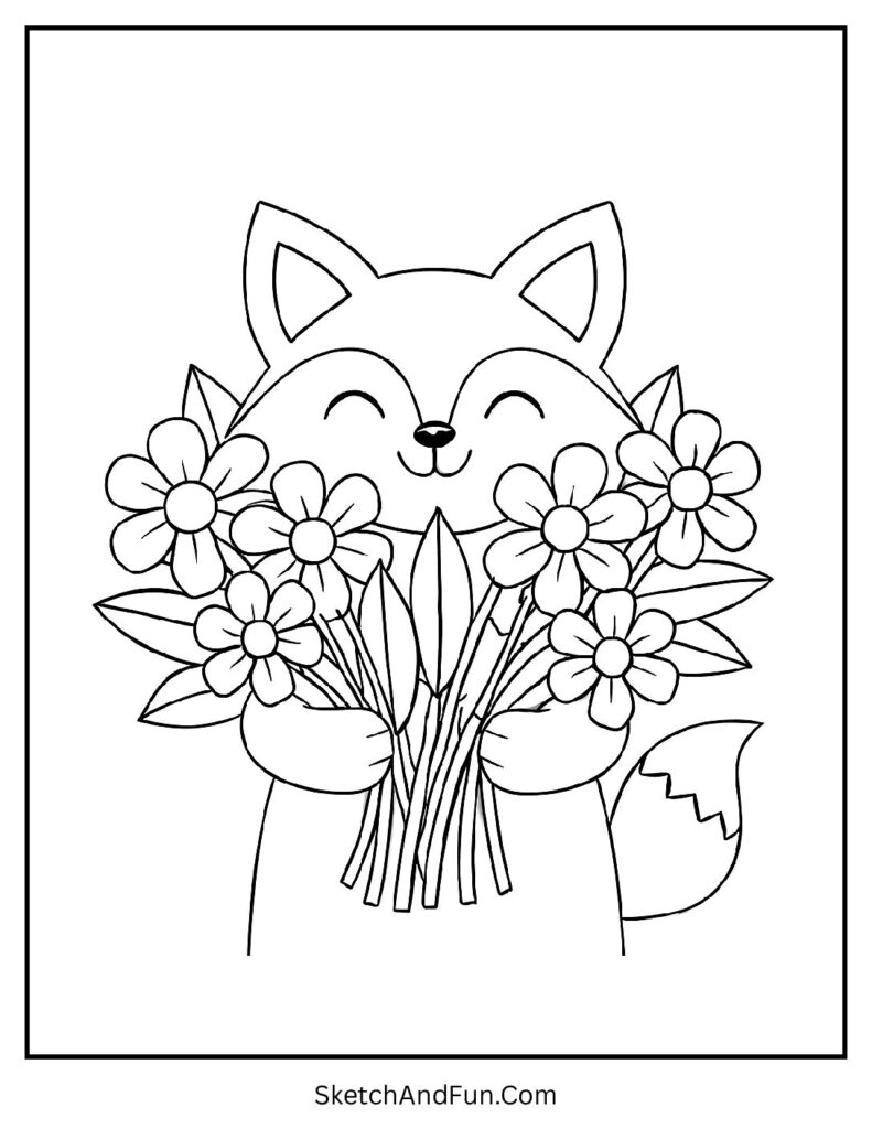 Fox coloring pages black and white outline with flower bouquet