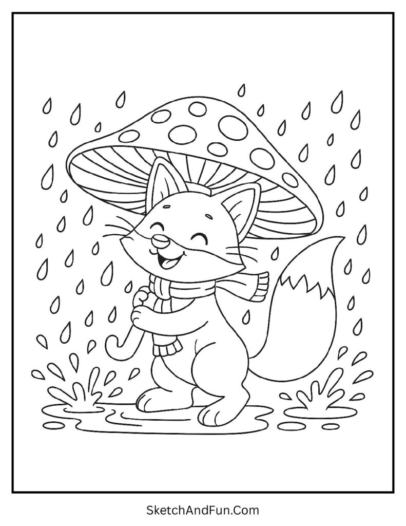 Printable fox coloring pages for preschoolers with mushroom umbrella
