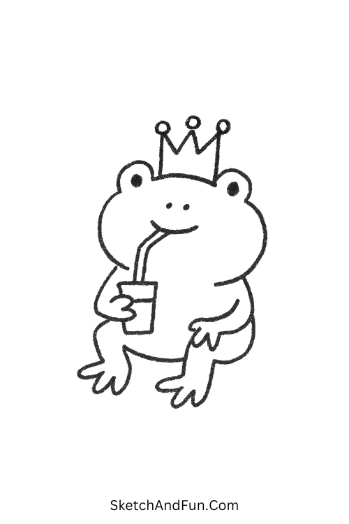 Frog king drinking juice in cute comedic drawings easy