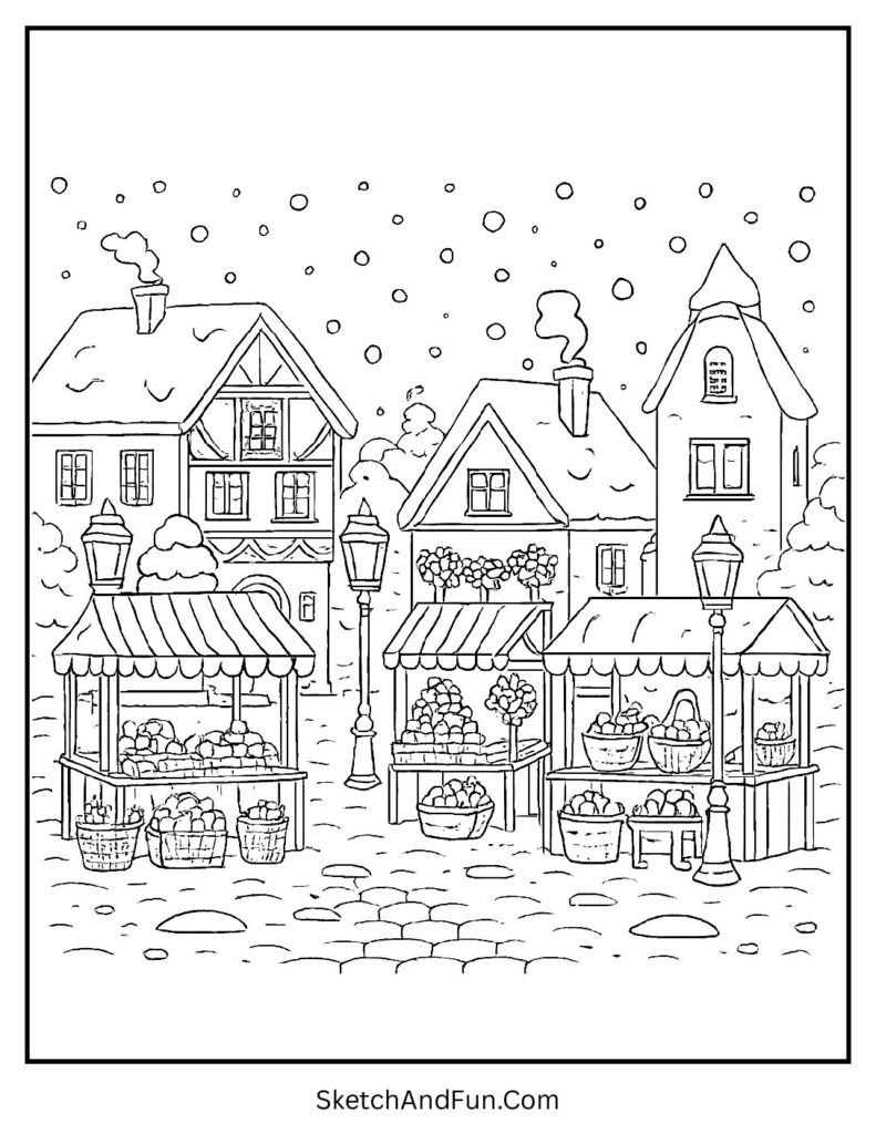 Village stalls scene for winter wonderland coloring pages for kids