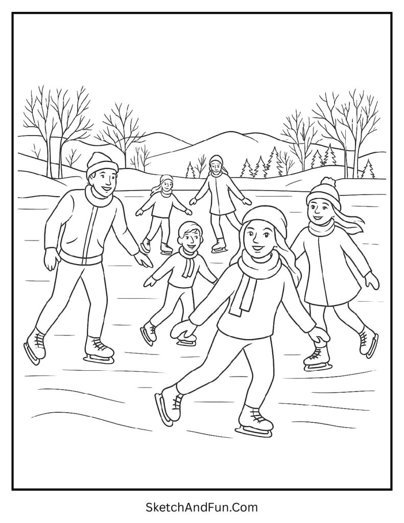 Frozen lake scene for easy winter coloring pages for kids