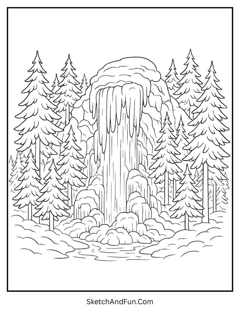 Frozen waterfall scene in winter landscape scenes coloring book printable