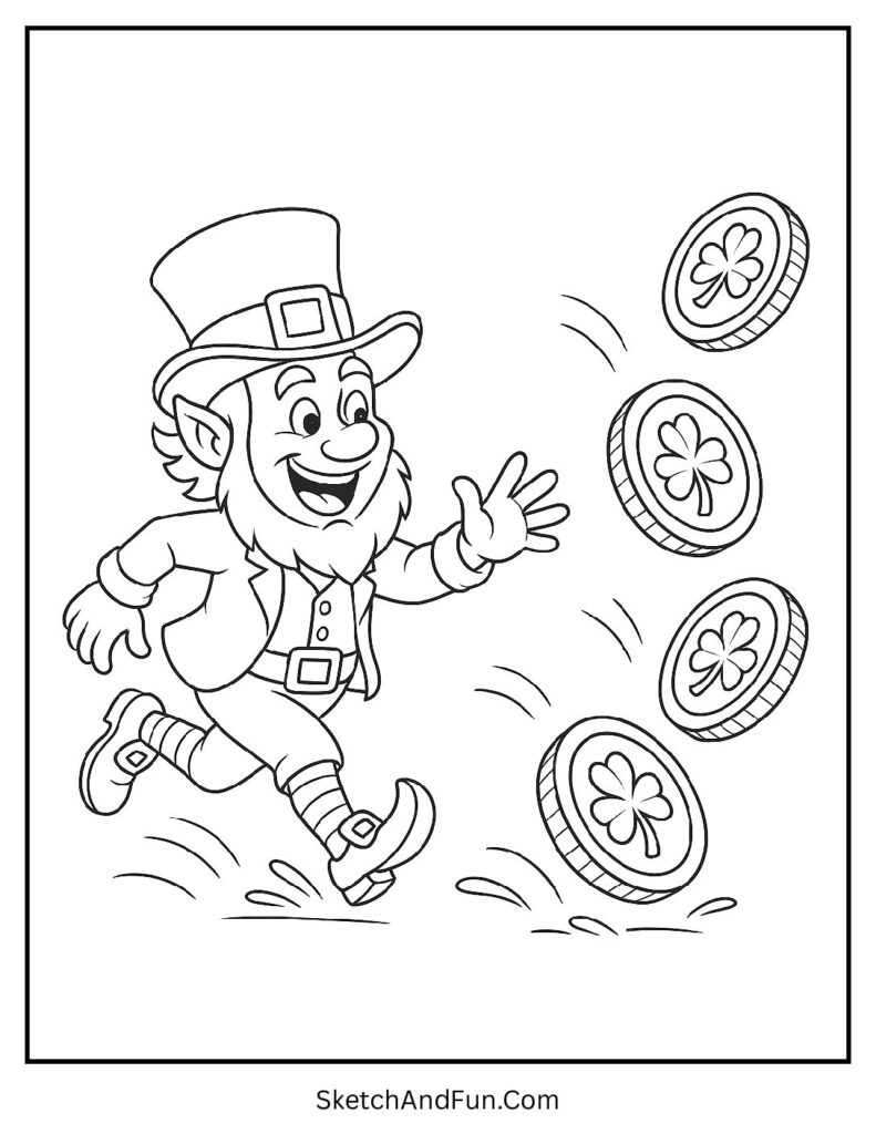 Funny leprechaun chasing coins for fun St Patrick’s Day coloring pages