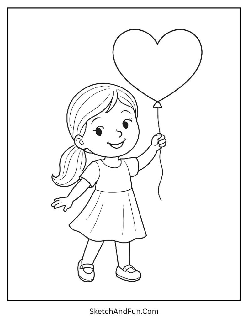 Girl holding big heart balloon – Valentines day coloring pages for girls