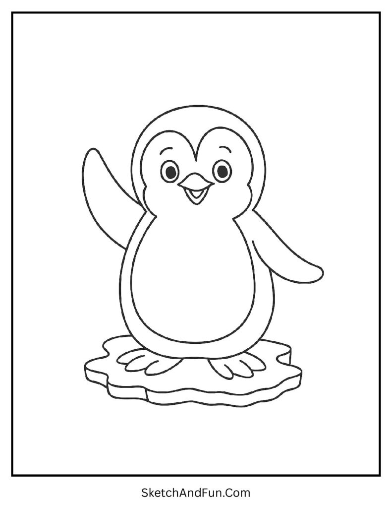 Cheerful penguin waving flippers in cute penguin coloring pages for kids