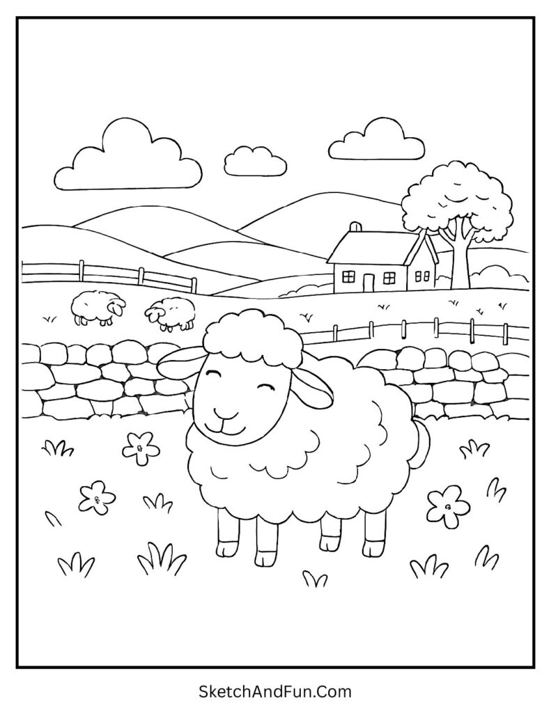 Happy sheep in Irish field for St Patrick’s Day coloring pages kindergarten