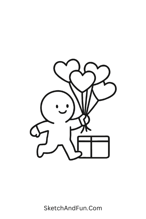 Character delivering heart balloons, fun love doodle prompts