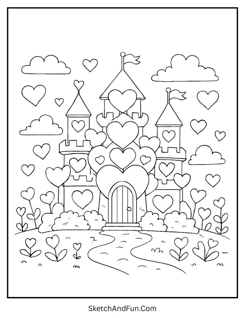 Fairy-tale castle made of hearts – Valentines day coloring pages simple designs