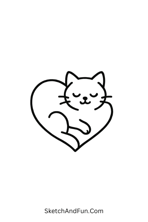 Cat curled into heart shape, cute animal couple doodles