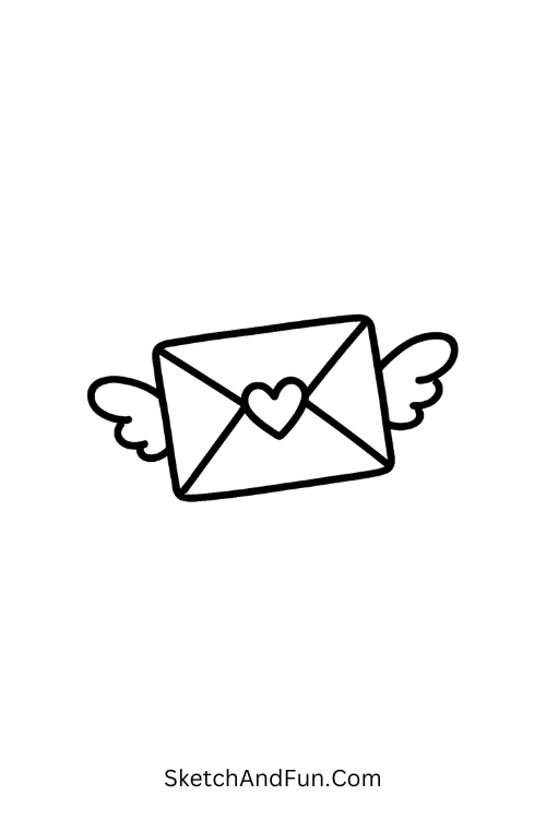 Heart-shaped envelope flying, romantic couple doodles