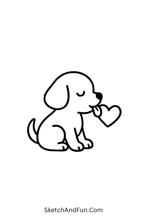 Puppy licking tiny heart, doodle love and friendship