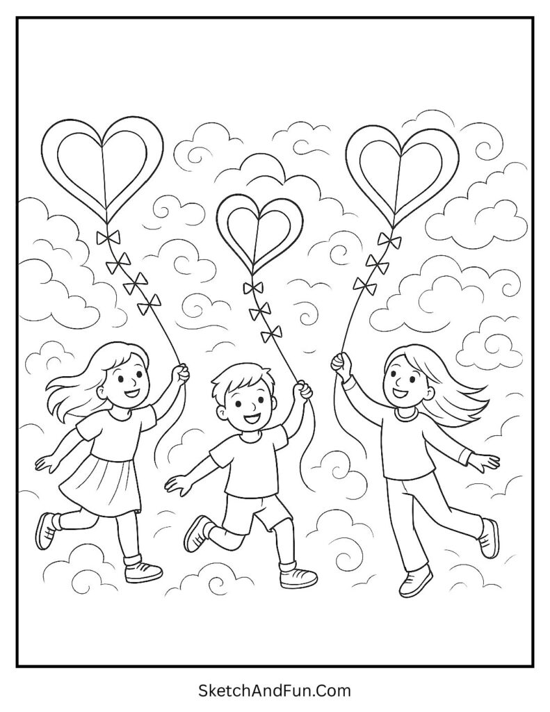 Kids flying heart-shaped kites – Valentines day coloring pages classroom printable
