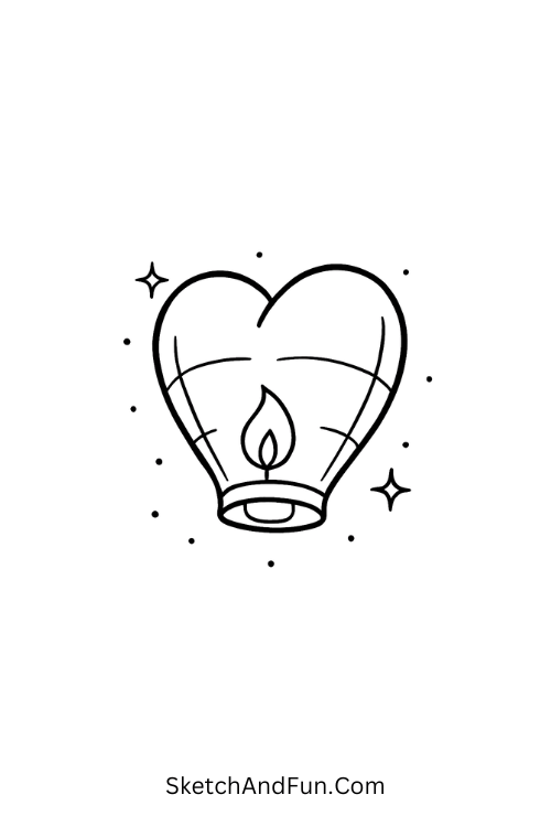 Glowing heart lantern at night, couple doodle illustrations