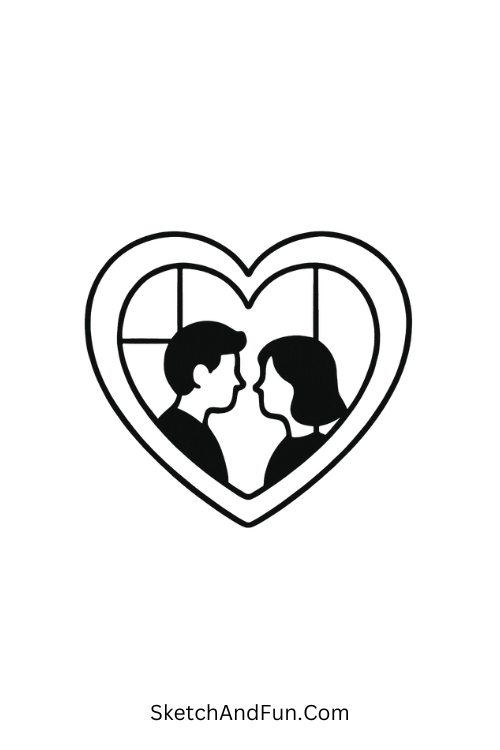 Heart-shaped window framing couple, couple doodle inspiration